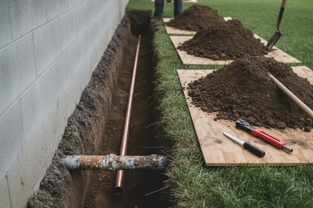 Excavated water line trench during Water Softener Installation in Bear Creek